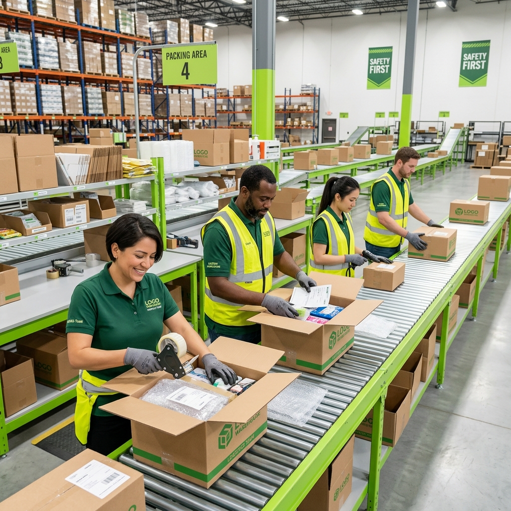 Warehouse team packing boxes